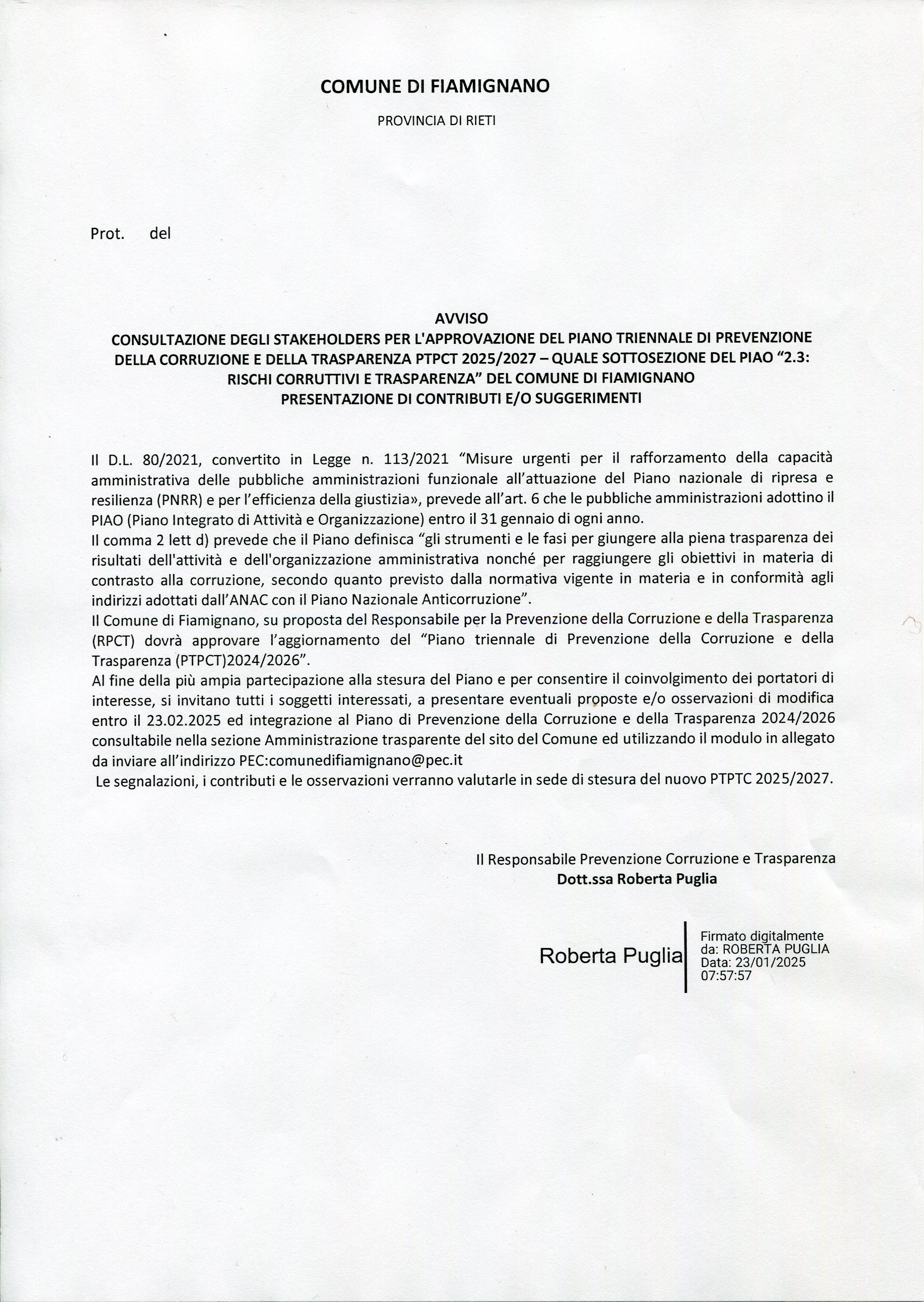 Consultazione degli STAKEHOLDERS per l'approvazione del Piano triennale di prevenzione della  Corruzione e Della Trasparenza PTPCT 2025/2027 - Quale sottoscrizione  PIAO "2.3: Rischi corruttivi e trasparenza" del Comune di Fiamignano